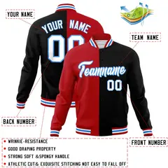 Red Black-White Two Tone Split Varsity Full-Snap Letterman Jacket 4