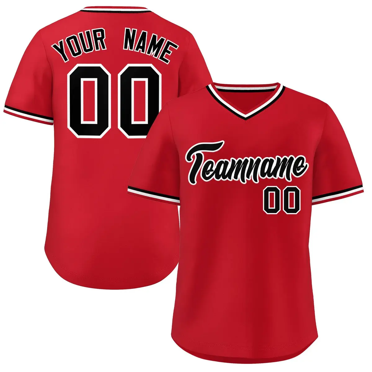Red Black-White V-Neck Pullover Baseball Jersey