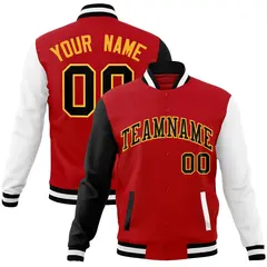 Red Black-Yellow Raglan Varsity Full-Snap Letterman Jacket