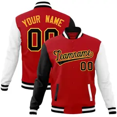 Red Black-Yellow Raglan Varsity Full-Snap Letterman Jacket
