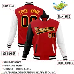 Red Black-Yellow Raglan Varsity Full-Snap Letterman Jacket 4
