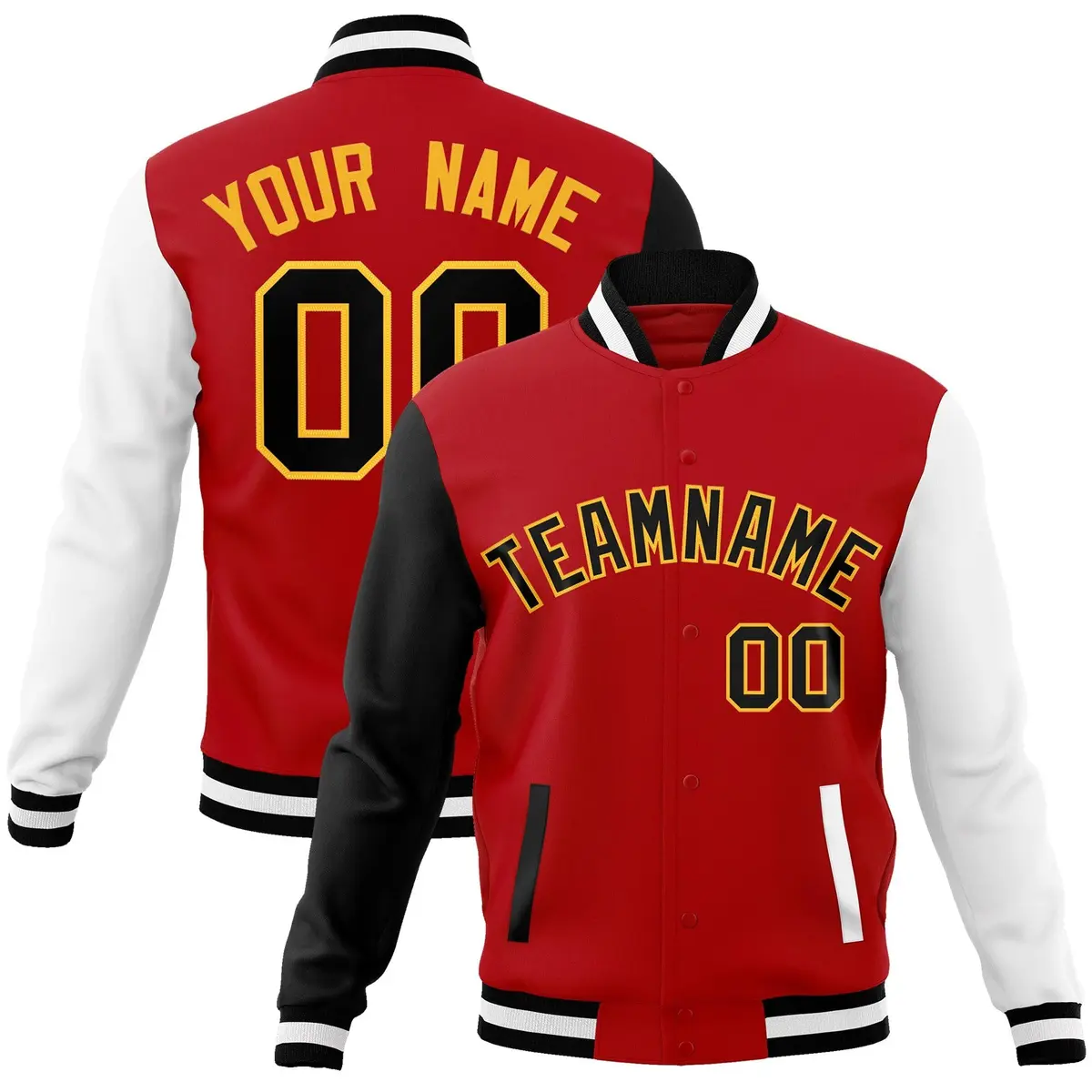 Red Black-Yellow Raglan Varsity Full-Snap Letterman Jacket