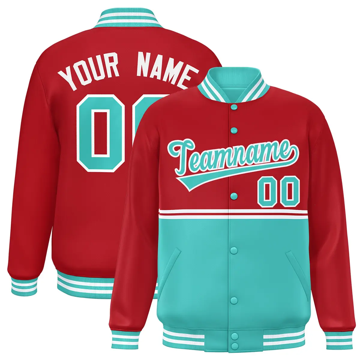 Red Bright Green Full-Snap Color Block Varsity Letterman Jacket