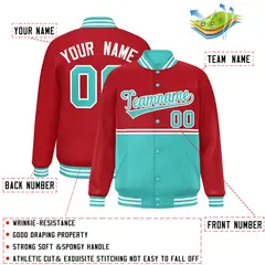 Red Bright Green Full-Snap Color Block Varsity Letterman Jacket 2