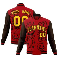 Red Brown Gold Halloween Bats Pumpkins Ghost Letterman Jacket