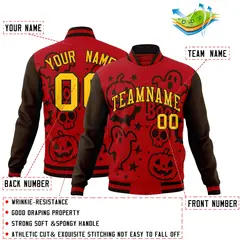 Red Brown Gold Halloween Bats Pumpkins Ghost Letterman Jacket 2