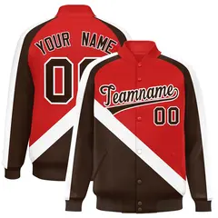 Red Brown Raglan Varsity Full-Snap Letterman Baseball Jacket 1