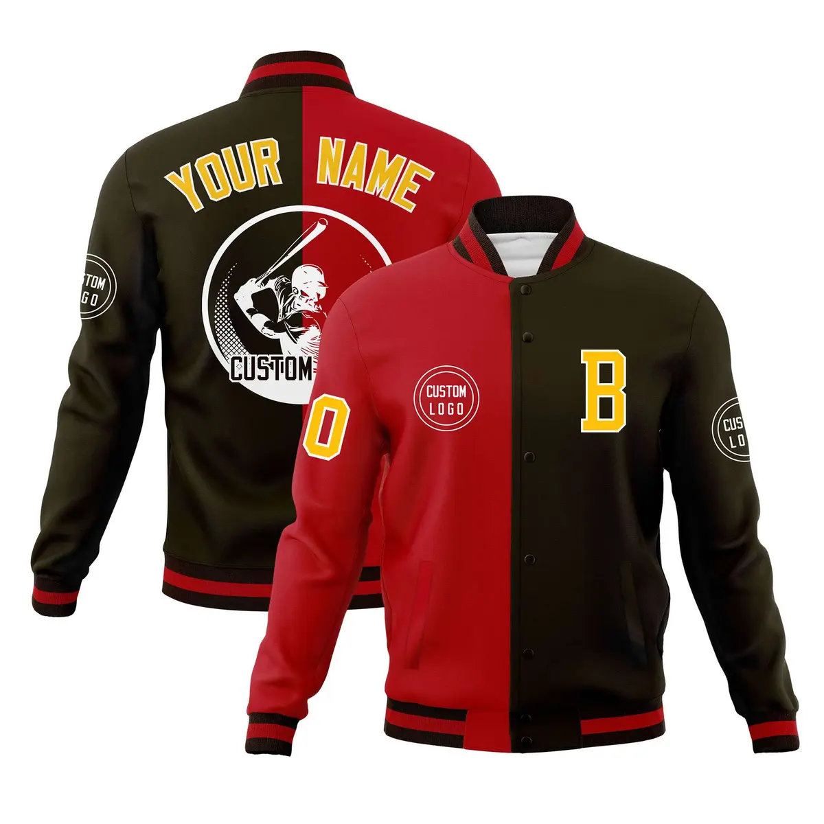 Red Brown Split Letterman Varsity Full-Snap Baseball Jacket