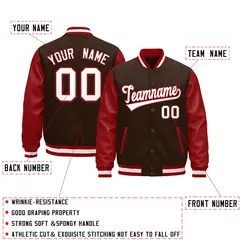 Red Brown White Raglan Varsity Full-Snap Leather Sleeves Letterman Jacket 2