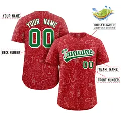 Red Christmas Graffiti Striped Full-Button Baseball Jersey 2