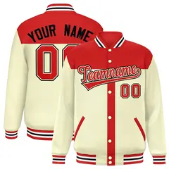 Red Cream Color Block Varsity Bomber Baseball Jacket 1