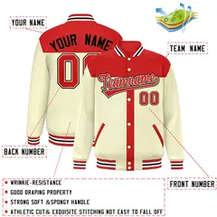 Red Cream Color Block Varsity Bomber Baseball Jacket 2