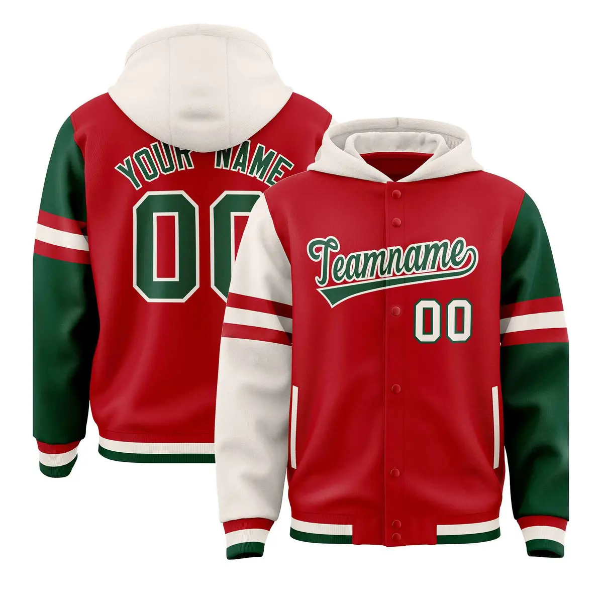 Red Cream-Green Three Stripes Raglan Varsity Letterman Jacket Hoodie