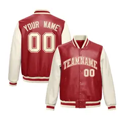Red Cream Raglan Full-Snap Varsity Faux Leather Letterman Jacket