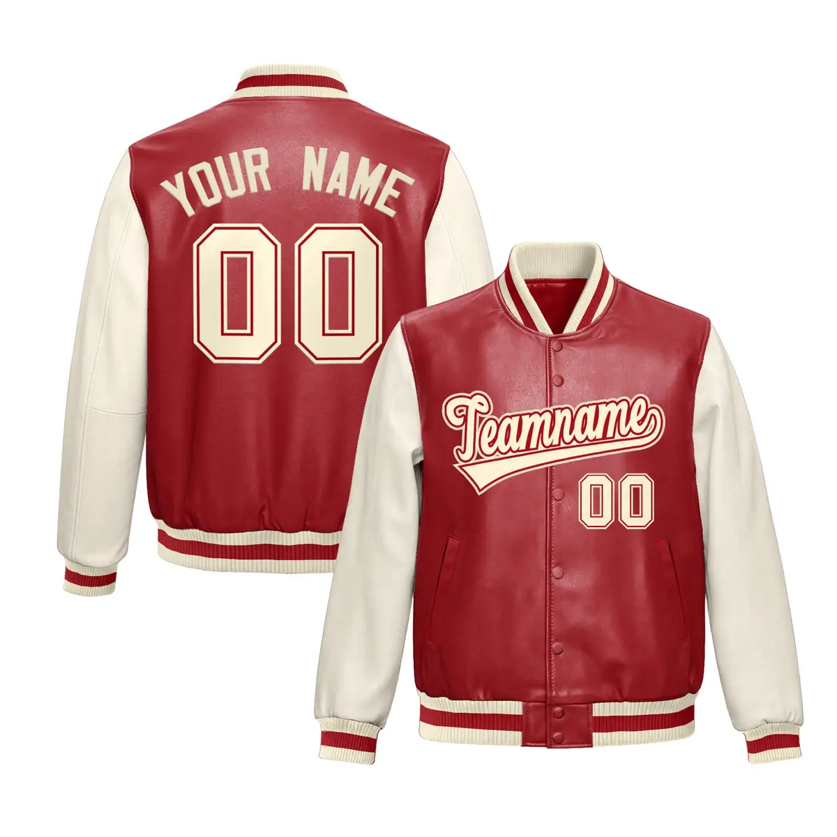 Red Cream Raglan Full-Snap Varsity Faux Leather Letterman Jacket