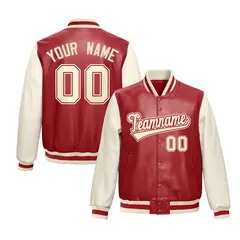 Red Cream Raglan Full-Snap Varsity Faux Leather Letterman Jacket 1