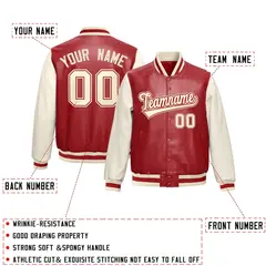 Red Cream Raglan Full-Snap Varsity Faux Leather Letterman Jacket 2