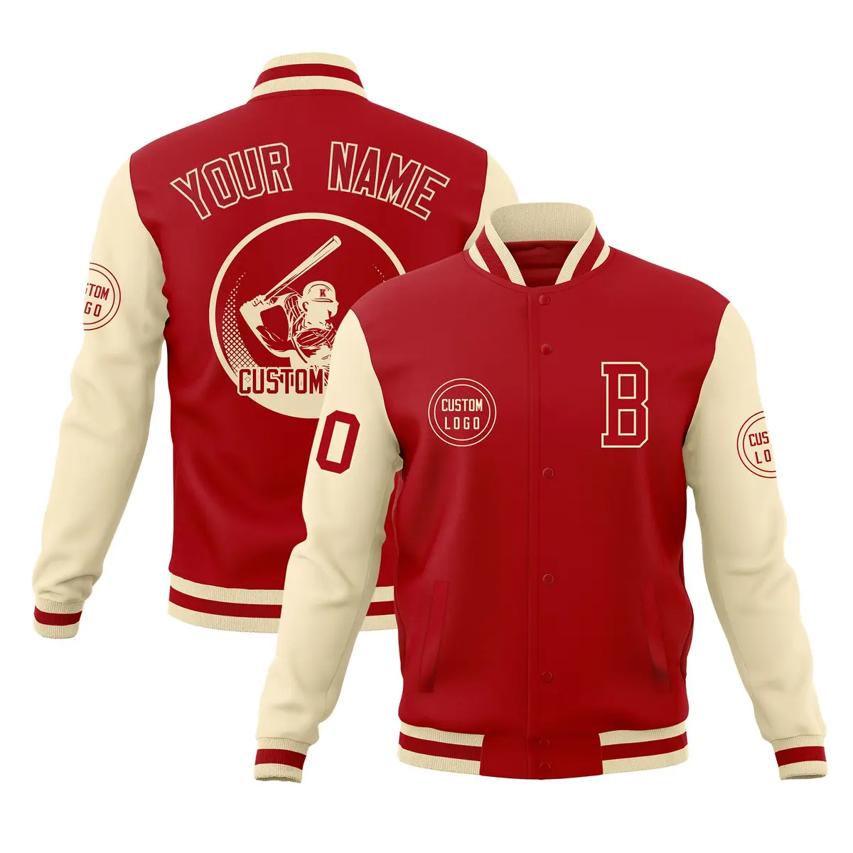 Red Cream Raglan Full-Snap Varsity Letterman Baseball Jacket
