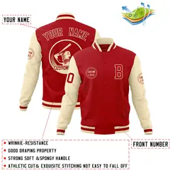Red Cream Raglan Full-Snap Varsity Letterman Baseball Jacket 4