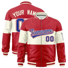 Red Cream-Red Color Block Full-Zip Varsity Letterman Bomber Jacket 1