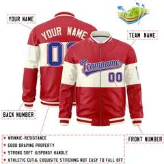 Red Cream-Red Color Block Full-Zip Varsity Letterman Bomber Jacket 2