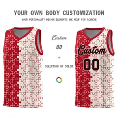 Red Cream Splid Puzzle Pattern Basketball Kits 3