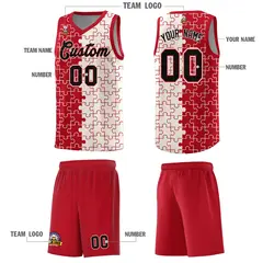 Red Cream Splid Puzzle Pattern Basketball Kits 5