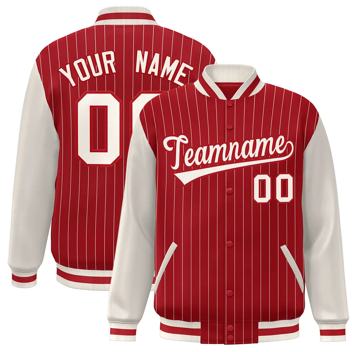 Red Cream Stripe Varsity Bomber Jacket with Raglan Sleeves