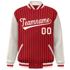 Red Cream Stripe Varsity Bomber Jacket with Raglan Sleeves 3