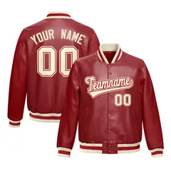 Red Cream Varsity Full-Snap Faux Leather Letterman Jacket