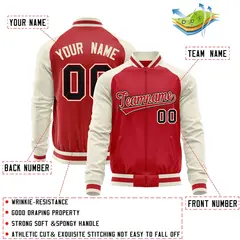Red Cream Varsity Full-Zip Raglan Letterman Baseball Jacket 4