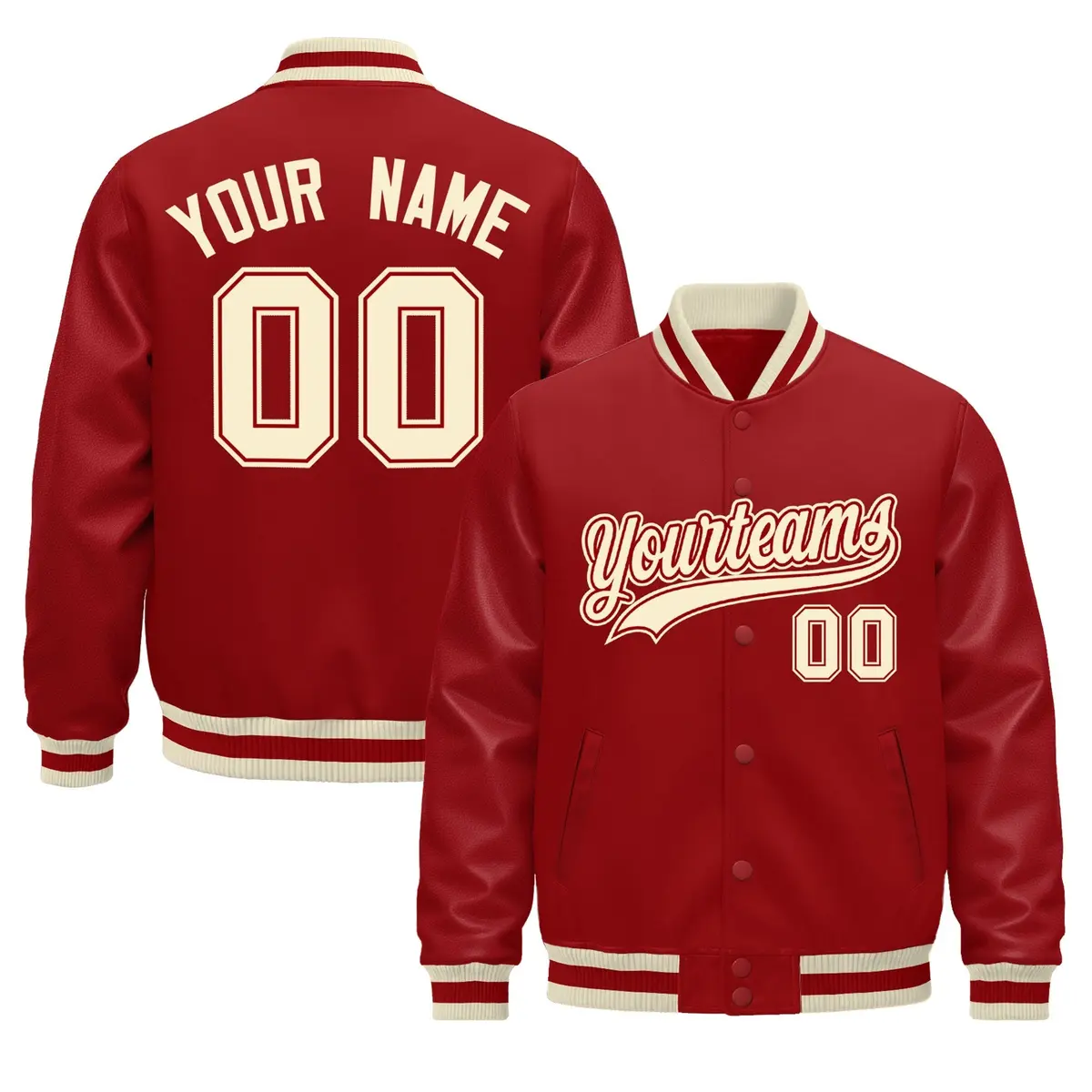 Red Cream Varsity Jacket with Leather Sleeves Wrinkle-Resistant