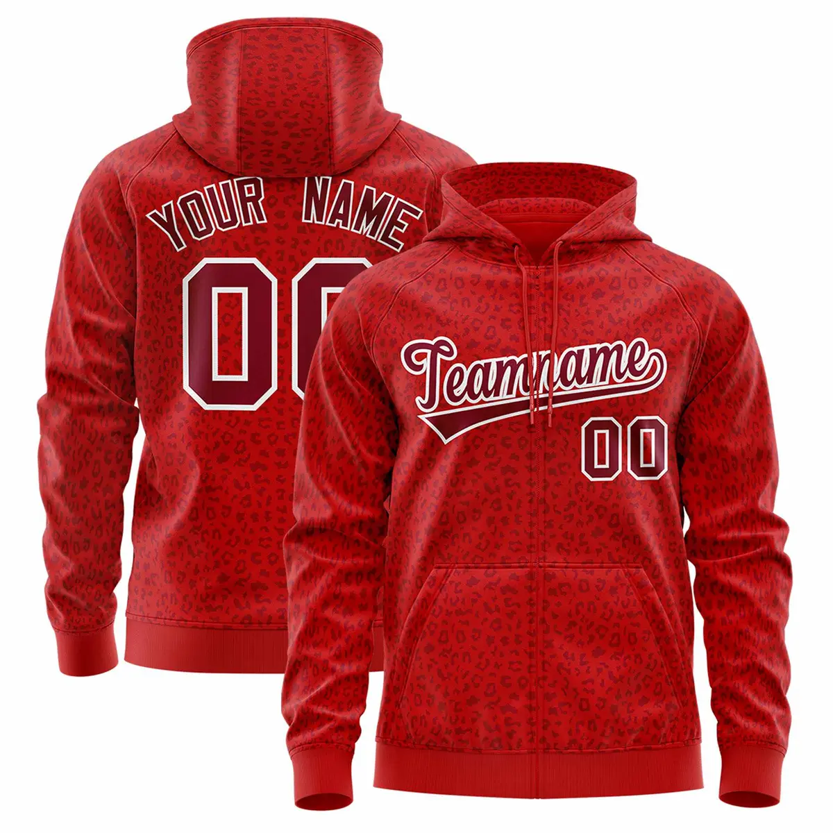 Red Crimson Leopard Print Varsity Full-Zip Letterman Jacket Hoodie