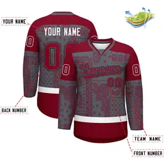 Red Dark Gray White Cashew Flower Graffiti V-Neck Hockey Jersey 2