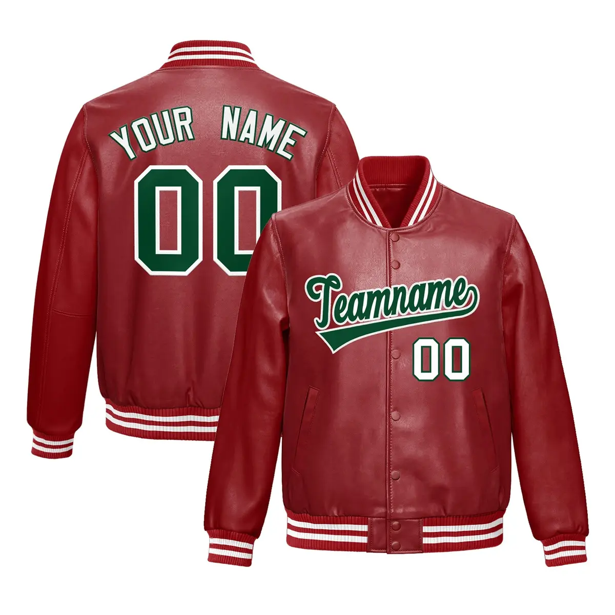 Red Dark Green Faux Leather Letterman Jacket Full-Snap Varsity