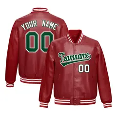 Red Dark Green Faux Leather Letterman Jacket Full-Snap Varsity 1