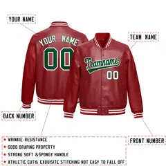 Red Dark Green Faux Leather Letterman Jacket Full-Snap Varsity 2