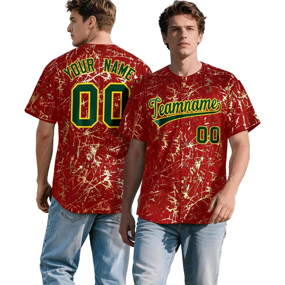 Red Dark Green Metallic Gold Splatter Baseball Jersey