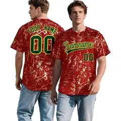 Red Dark Green Metallic Gold Splatter Baseball Jersey