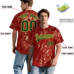 Red Dark Green Metallic Gold Splatter Baseball Jersey 2