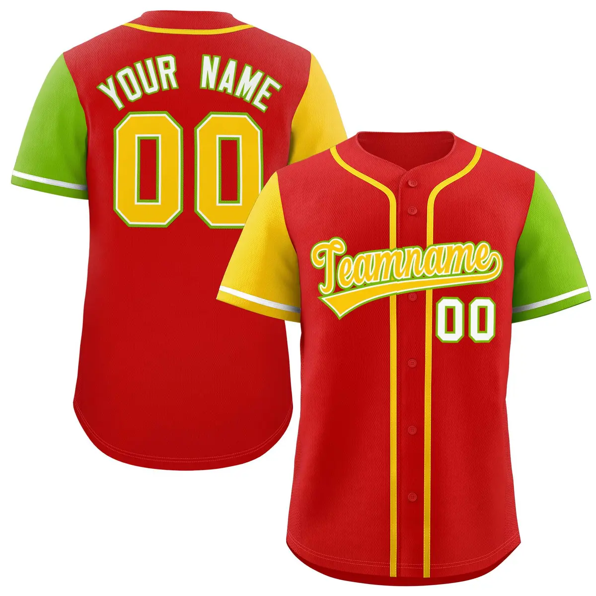 Red Gold and Neon Green Raglan Sleeves Baseball Jersey