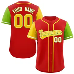 Red Gold and Neon Green Raglan Sleeves Baseball Jersey