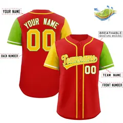Red Gold and Neon Green Raglan Sleeves Baseball Jersey 2
