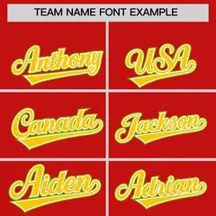 Red Gold and Neon Green Raglan Sleeves Baseball Jersey 3