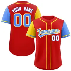 Red Gold and Powder Blue Raglan Sleeves Baseball Jersey 1