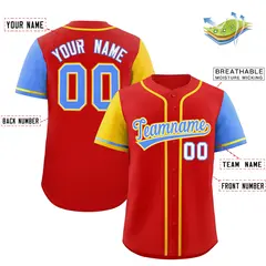 Red Gold and Powder Blue Raglan Sleeves Baseball Jersey 2