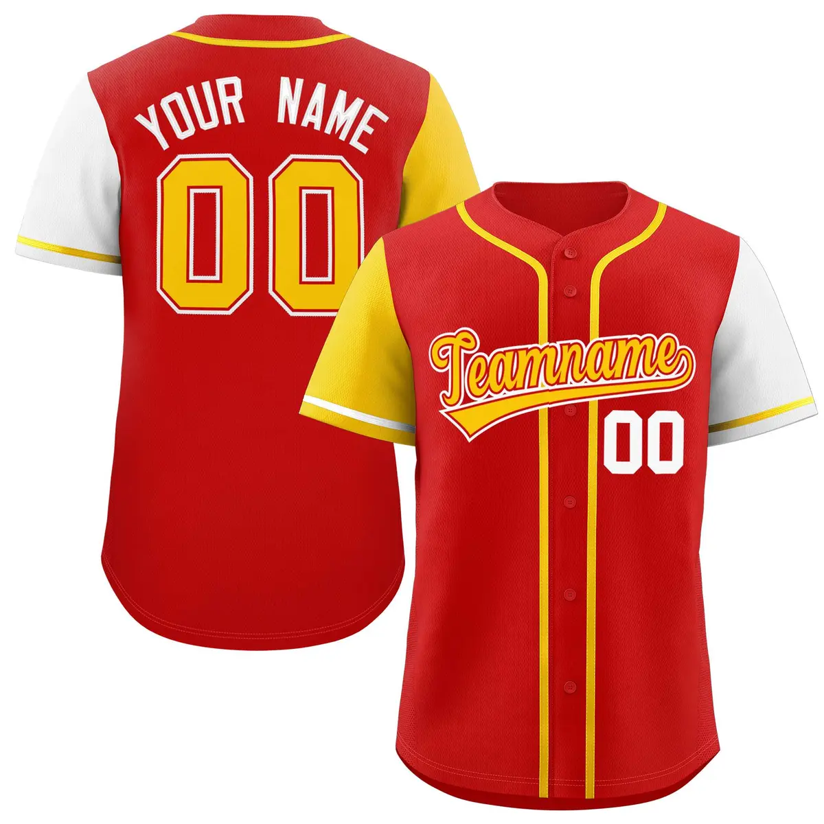 Red Gold and White Raglan Sleeves Baseball Jersey