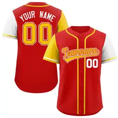 Red Gold and White Raglan Sleeves Baseball Jersey