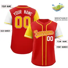 Red Gold and White Raglan Sleeves Baseball Jersey 2