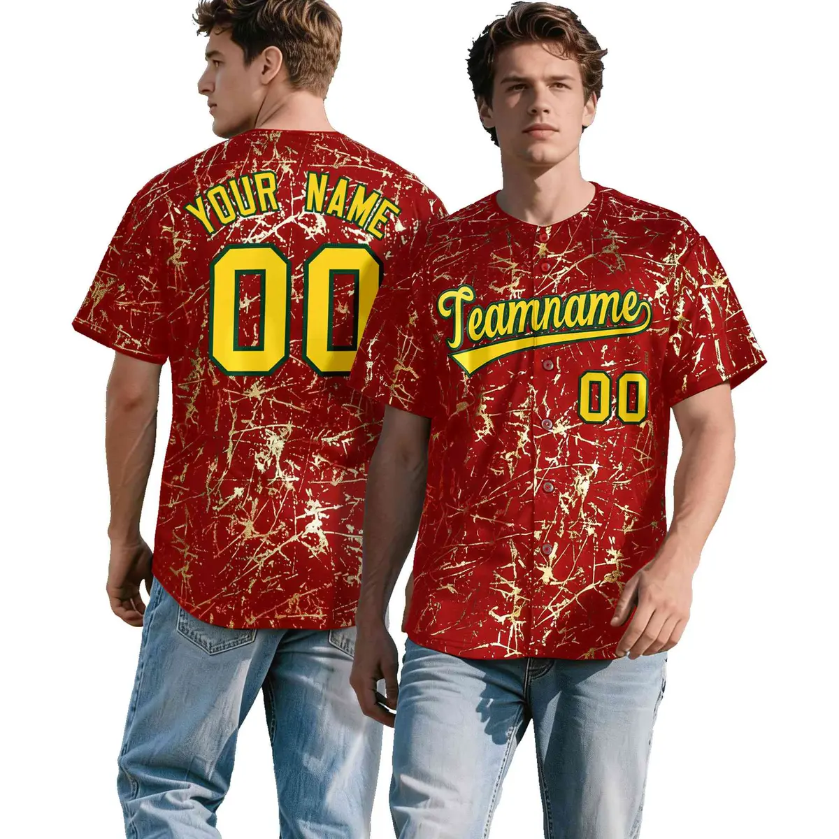 Red Gold Black & Shiny Gold Cracked Foil Baseball Jersey